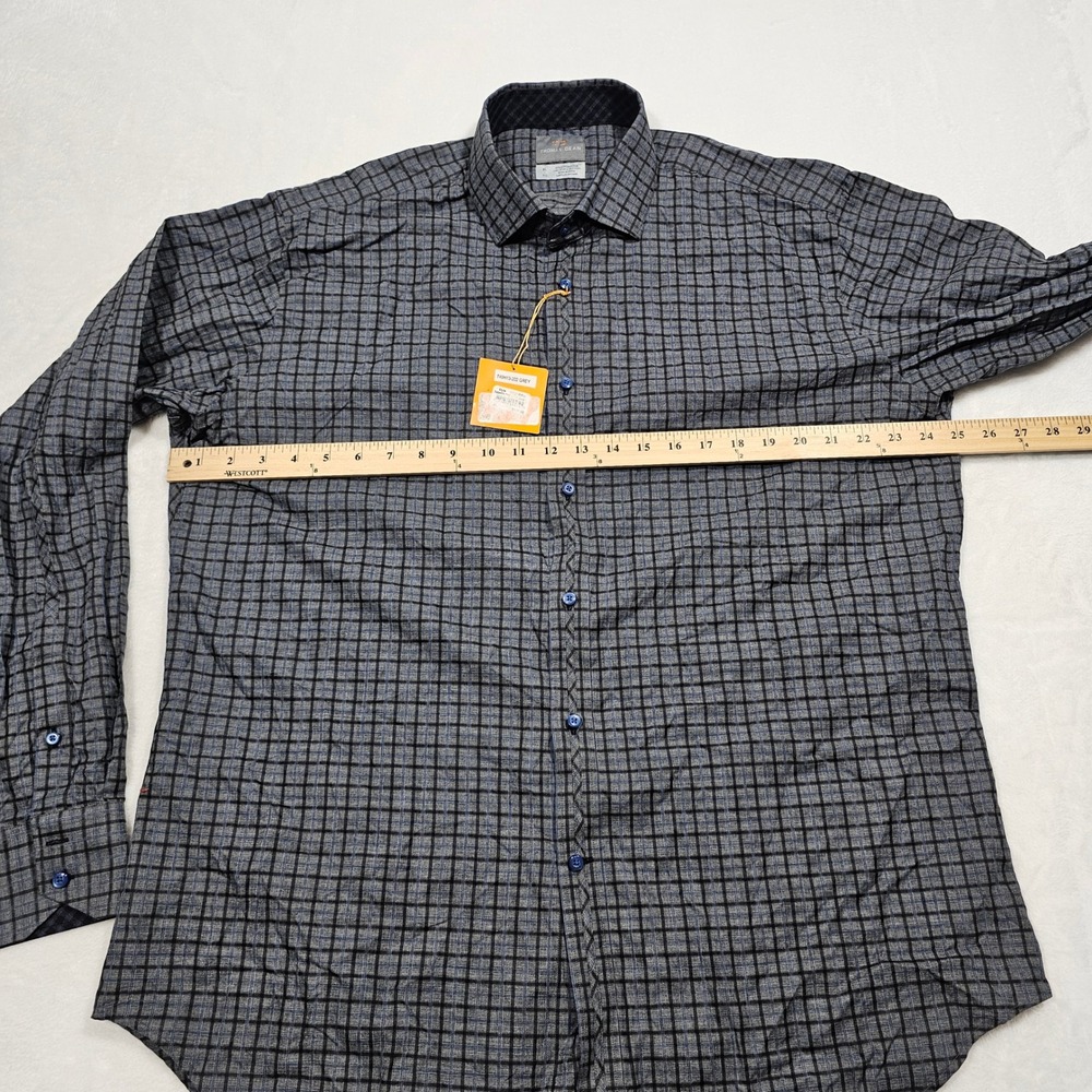 Thomas Dean Button Up Shirt Mens XL Grey Blue Grid Plaid Cotton Business Casual - Picture 7 of 9